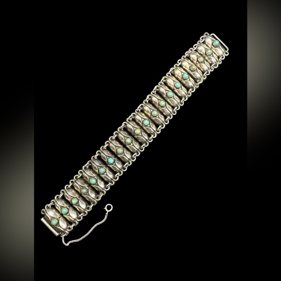 Vintage 1940’s Sterling Silver Mexico Turquoise Shadowbox Link Bracelet 39 grams - Picture 4 of 7